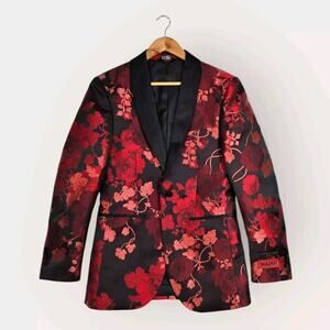 Mazari Tuxedo Jacket & Bowtie Sz S Black Red Floral Formal Holiday Evening